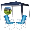 Kit Tenda Gazebo Praia 3x3 M Oxford Azul + Duas Cadeiras de Alumnio