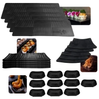 Kit 5 Travessas Retas + 5 Travessas Onduladas + 5 Pratos Quadrados + 10 Molheiras Kanpai Buffet Sushi Comida Japonesa