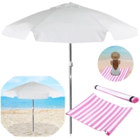 Kit Guarda Sol Praia Branco 1,60 M + Esteira Rosa com Ala