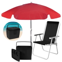 Kit Praia Vermelho e Preto Guarda Sol 1,60 M + Cooler 19 L + Cadeira Sannet