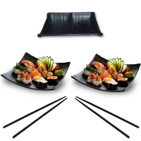 Kit Jantar Casal Comida Japonesa 2 Pratos Cncavos + 2 Pares Hashi + 1 Molheira Preta