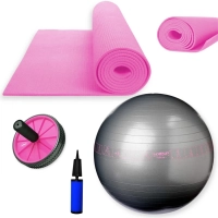 Kit Bola Sua 65 Cm Ilustrada + Colchonete Eva Pilates / Yoga + Roda Abdominal + Mini Bomba