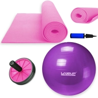 Kit Treino Bola Sua 55 Cm + Colchonete Eva Pilates / Yoga + Roda Abdominal Rosa + Mini Bomba