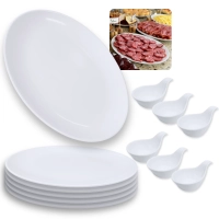 Kit 6 Travessas 33 Cm Prato Oval + 6 Colheres em Melamina Profissional Finger Food Buffet