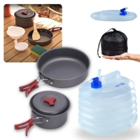 Kit Galo Colapsvel Recipiente de gua Dobrvel 10l + Jogo de Panelas Camp 2 Ntk 7 Peas Camping e Pesca