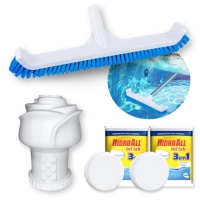 Kit Escova Curva 44 Cm + Clorador Flutuante Roseta + 2 Pastilhas 3 em 1 para Piscina Fibra e Alvenaria