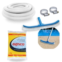 Kit Escova Curva 45,7 Cm + Mangueria 32mm 8 M + Sulfato de Alumnio Decantador Piscinas Fibra/ Alvenaria