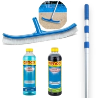 Kit Escova Curva 45,7cm + Haste Retrtil 3,40 M + Algicida Manuteno + Limpa Bordas Piscina Fibra/ Alvenaria