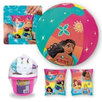 Kit Bola 33 Cm + Boia de Brao Princesas + Baldinho de Praia / Brinquedo de Praia com 8 Peas Rosa