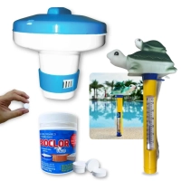 Kit Piscina Termmetro de Tartaruga + Mini Clorador Flutuante + 50 Mini Pastilhas de Cloro 2g Bioclor