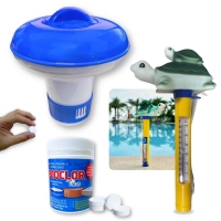 Kit Piscina Termmetro de Tartaruga + Mini Clorador Flutuante Kala + 50 Mini Pastilhas de Cloro 2g Bioclor