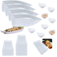 Kit 4 Barcas 40 Cm Branca Poro Sushi+ 15 Pratos 17,8cm + 8 Molheiras com Ala 150ml Comida Japonesa