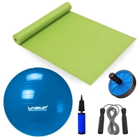 Kit Bola Suia 65 Cm + Mini Bomba + Roda Abdominal + Colchonete + Corda de Pular Exerccio