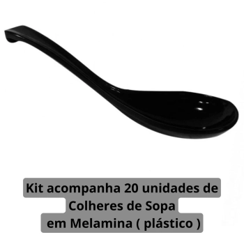 Colher de Sopa 17cm em Melamina Preta 20 Unidades Comida Japonesa Oriental