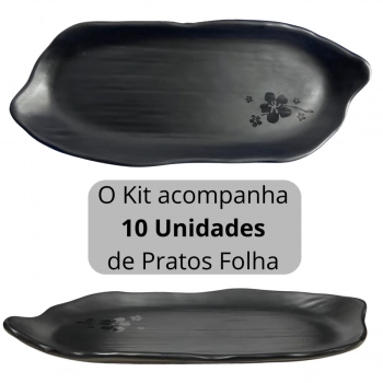 Kit 10 Pratos Travessa Formato Folha Kanpai para Restaurante Japons Sushi Melamina Premium