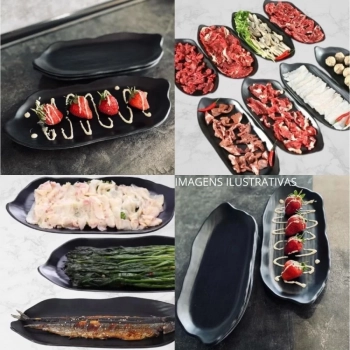 Kit 10 Pratos Travessa Formato Folha Kanpai para Restaurante Japons Sushi Melamina Premium