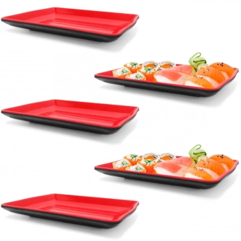 Kit 5 Pratos em Melamina Retangular 21x13 Cm Vermelho para Petiscos e Sushis