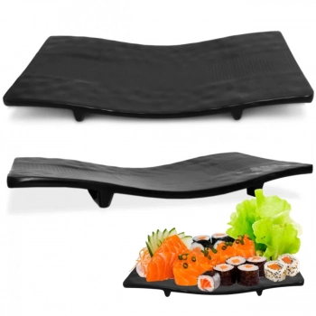 Kit 20 Pratos Travessa Ondulada em Melamina/Plstico para Sushi Preto