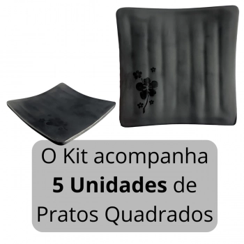 Kit 5 Pratos Quadrados 14 Cm Kanpai Melamina Premium para Restaurante Japons, Sushi e Petiscos