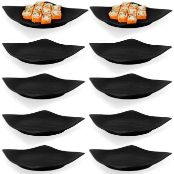 Kit 10 Pratos Quadrados 22,5 Cm em Melamina/Plstico para Sushi Preto