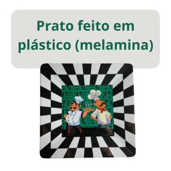 Prato Quadrado 24,5cm Festa Temtica em Melamina/Plstico com Estampa Xadrez e Cheff Verde Churrasco