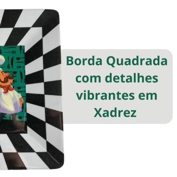 Prato Quadrado 24,5cm Festa Temtica em Melamina/Plstico com Estampa Xadrez e Cheff Verde Churrasco