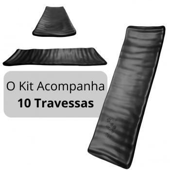 Kit 10 Travessas Estriada para Sushi Kanpai Restaurante Comida Japonesa Oriental Melamina Preta