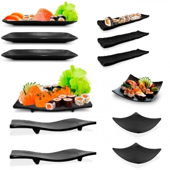 Kit com 12 Peas Pratos em Melamina/Plstico Preto para Sushi