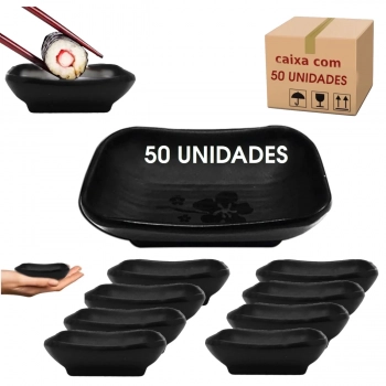 Kit 50 Molheiras em Melamina 50 Ml para Shoyu Molhos Comida Japonesa Preta