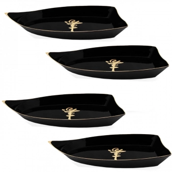 Kit 4 Barcas 39 Cm Preta com Ideograma Dourado para Sushi