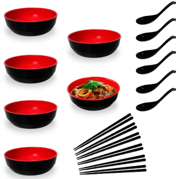 Kit para Sopa Japonesa com 6 Tigelas 450 Ml + 6 Colheres Melamina + 6 Pares de Hashi Preto