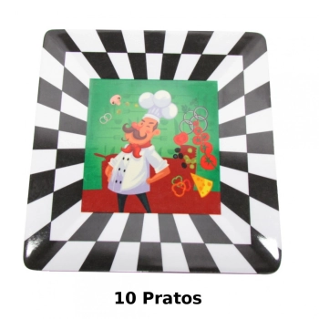 Kit 10 Pratos Quadrado 24cm Melamina Plstico Ilustrao Xadrez e Cheff Verde