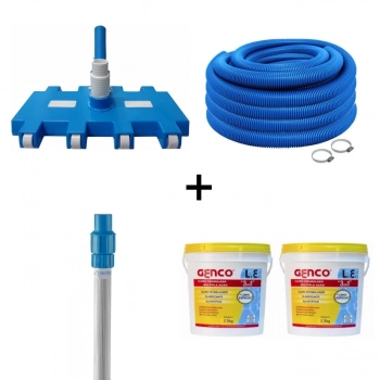 Kit Limpeza de Piscina Aspirador + Mangueira 6m + Haste 3m + 2 Balde 2,5kg Cloro