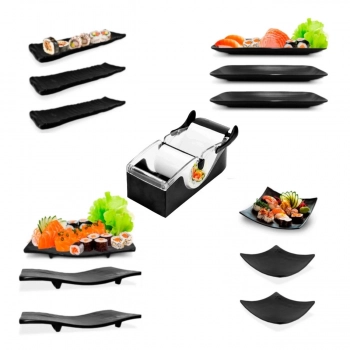 Kit com 12 Peas Pratos em Melamina Preto + Forma Enrolar Sushi