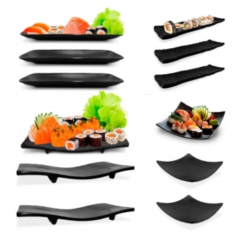 Kit com 12 Peas Pratos em Melamina Preto + Forma Enrolar Sushi