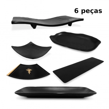 Kit Sushi 6 Peas em Melamina / Plstico Preto com Pratos e Travessas