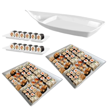 Kit Barca 40 Cm + 2 Pratos Reto Sushi + 2 Travessa 35x24 Cm