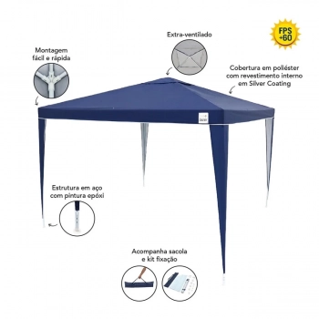 Kit Tenda Gazebo de Encaixe 3x3m Azul + 2 Paredes Lateral em Oxford