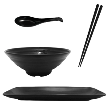 Kit Tigela Redonda 1 Litro + Prato Retangular 27 Cm + Par de Hashi + Colher Comida Japonesa