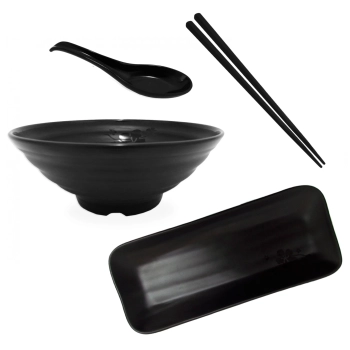 Kit Tigela Redonda 1 Litro + Prato Retangular 27 Cm + Par de Hashi + Colher Comida Japonesa