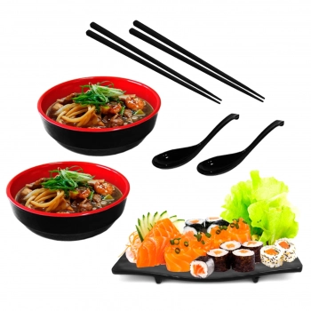 Kit 2 Tigelas 450 Ml + 1 Prato 28x13cm + 2 Colheres + 2 Pares de Hashi Comida Japonesa