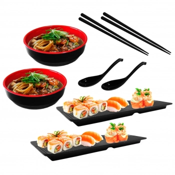 Kit Comida Japonesa com 2 Tigelas 450 Ml + 2 Pratos 33cm + 2 Colheres + 2 Pares de Hashi