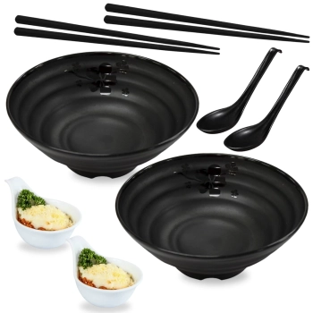 Kit 2 Tigelas 21,5 Cm + 2 Molheiras + 2 Colheres + 2 Pares de Hashi Comida Japonesa Yakisoba