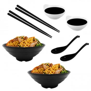 Kit Yakisoba com 2 Travessas 21cm + 2 Molheiras + 2 Pares de Hashi + 2 Colheres