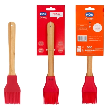 Pincel Culinrio de Silicone Vermelho Mor Cabo em Bambu Suporta Temperatura de 240c