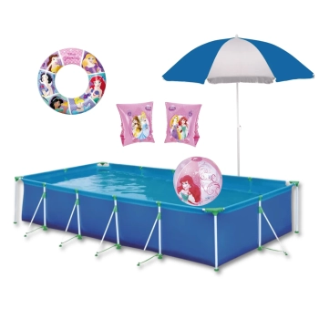 Kit Piscina Retangular 7.600 L Mor + Guarda-sol + Boia Inflvel + Boia de Brao Princesas + Bola Inflavel