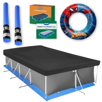 Kit Forro e Capa para Piscina 3000 Lts + Boia Homem Aranha + 2 Espaguetes em Formato de Espada (piscina No Inclusa)