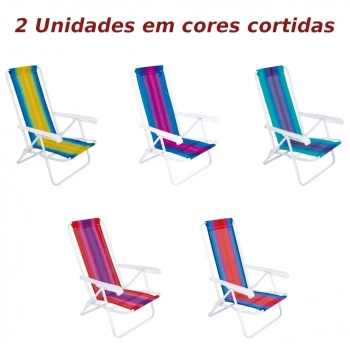 Kit 2 Unidades Cadeira Praia 4 Posies + Guarda-sol Estampado + Caixa Trmica 6lts