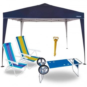 Kit Gazebo Tenda Dobrvel Trixx 3x3m Base e Topo + Carrinho de Praia com Avano + 2 Cadeiras Reclinvel 4 Posies Ao + Saca Areia