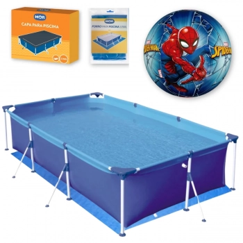 Kit Piscina Retangular 3700 L com Capa e Forro Mor + Bola Inflvel Homem Aranha